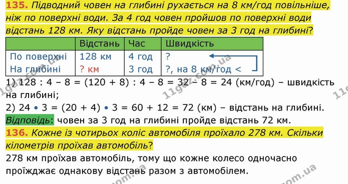 135. Підводний човен на глибині рухається на 8 км/год повільніше, ніж по поверхні води. За 4 год човен пройшов по поверхні води — ГДЗ Математика 4 клас Оляницька