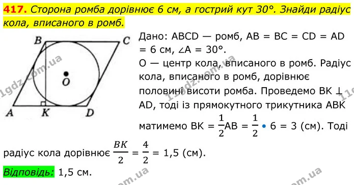 417. Сторона ромба дорівнює 6 см, а гострий кут 30°. Знайди радіус кола, вписаного в ромб. — ГДЗ Геометрія 8 клас Бевз