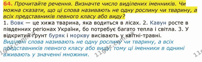 64. Прочитайте речення. Визначте число виділених іменників. Чи можна сказати, що ці слова називають не одну рослину чи тварину, а всіх — ГДЗ Українська мова 6 клас Заболотний 2019