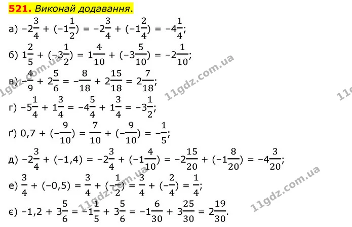 521. Виконай додавання. — ГДЗ Математика 6 клас Бевз 1-2 ч.