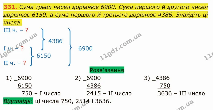 331. Сума трьох чисел дорівнює 6900. Сума першого й другого чисел дорівнює 6150, а сума першого й третього дорівнює 4386. Знайдіть ці — ГДЗ Математика 5 клас Тарасенкова 2022