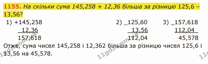 1155. На скільки сума 145,258 + 12,36 більша за різницю 125,6 – 13,56? — ГДЗ Математика 5 клас Тарасенкова 2022