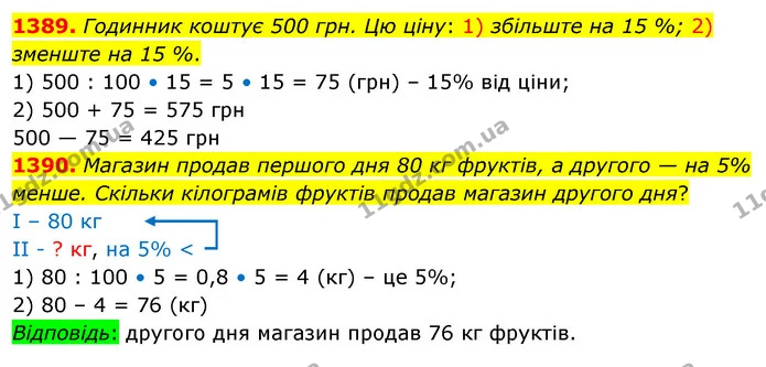 1389. Годинник коштує 500 грн. Цю ціну: 1) збільште на 15 %; 2) зменште на 15 %. — ГДЗ Математика 5 клас Кравчук