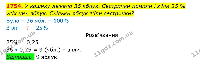 1754. У кошику лежало 36 яблук. Сестрички помили і з'іли 25 % — ГДЗ Математика 5 клас Бевз