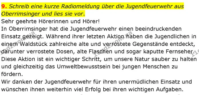 9. Schreib eine kurze Radiomeldung über die Jugendfeuerwehr aus Oberrimsinger und lies sie vor. — ГДЗ Німецька мова 7 клас Басай