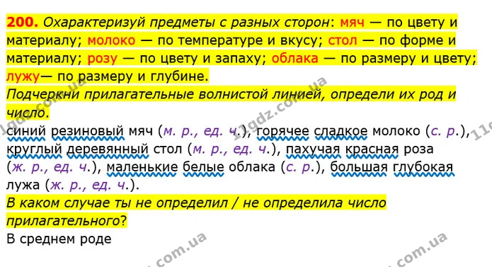 200. Охарактеризуй предметы с разных сторон: мяч — по цвету и материалу; молоко — по температуре и вкусу; стол — по форме и материалу — ГДЗ Русский язык и чтение 4 класс Лапшина 1 ч.