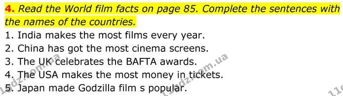 4. Read the World film facts on page 85. Complete the sentences with the names of the countries. — ГДЗ Англійська мова 8 клас Стайрінг (Prepare)