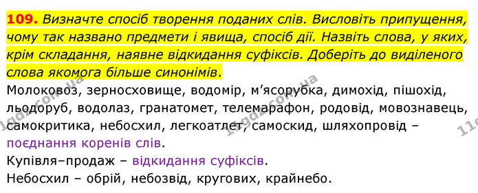 109. Визначте спосіб творення поданих слів. Висловіть припущення, чому так названо предмети і явища, спосіб дії. Назвіть слова, у яких — ГДЗ Українська мова 6 клас Голуб 2023