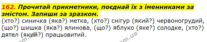 162. Прочитай прикметники, поєднай їх з іменниками за змістом. Запиши за зразком. — ГДЗ Українська мова 2 клас Захарійчук