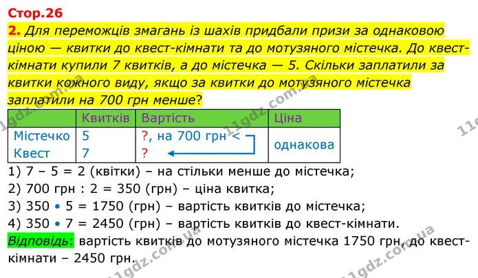 2. Для переможців змагань із шахів придбали призи за однаковою ціною — квитки до квест-кімнати та до мотузяного містечка. До — ГДЗ Математика 4 клас Скворцова