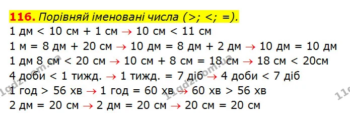 116. Порівняй іменовані числа (>; <; =). — ГДЗ Математика 3 клас Оляницька 1 та 2 частини
