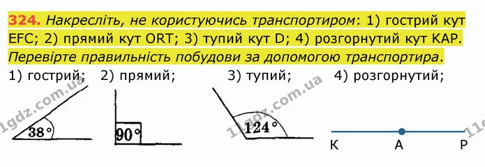 324. Накресліть, не користуючись транспортиром: 1) гострий кут EFC; 2) прямий кут ORT; 3) тупий кут D; 4) розгорнутий кут KAP — ГДЗ Математика 5 клас Мерзляк