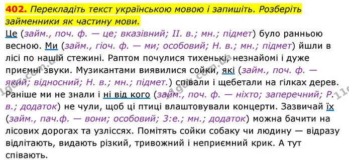 402. Перекладіть текст українською мовою і запишіть. Розберіть займенники як частину мови. — ГДЗ Українська мова 6 клас Ворон, Солопенко