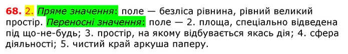 68. 2. Пряме значення: поле — безліса рівнина, рівний великий простір. Переносні значення: поле — 2. площа, спеціально відведена під — ГДЗ Українська мова 5 клас Єрмоленко 2018