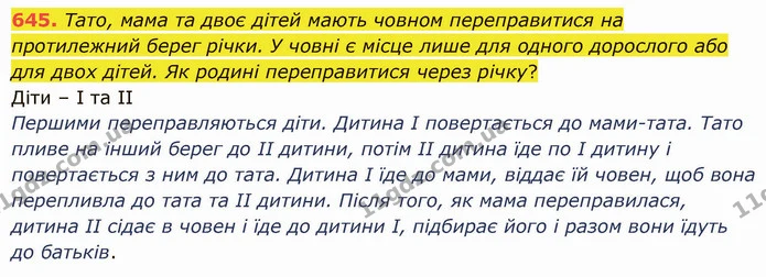 645. Тато, мама та двоє дітей мають човном переправитися на протилежний берег річки. У човні є місце лише для одного дорослого або для — ГДЗ Математика 5 клас Істер 2022