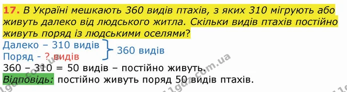 17. В Україні мешкають 360 видів птахів, з яких 310 мігрують або живуть далеко від людського житла. Скільки видів птахів постійно — ГДЗ Математика 4 клас Оляницька