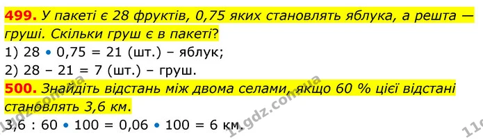 499. У пакеті є 28 фруктів, 0,75 яких становлять яблука, а решта — груші. Скільки груш є в пакеті? — ГДЗ Математика 6 клас Кравчук 2023