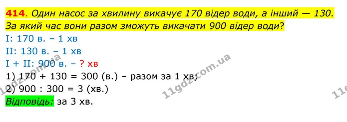 414. Один насос за хвилину викачує 170 відер води, а інший — 130. За який час вони разом зможуть викачати 900 відер води? — ГДЗ Математика 3 клас Бевз 2 частина