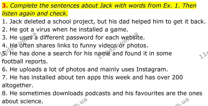 3. Complete the sentences about Jack with words from Ex. 1. Then listen again and check. — ГДЗ Англійська мова 8 клас Стайрінг (Prepare)