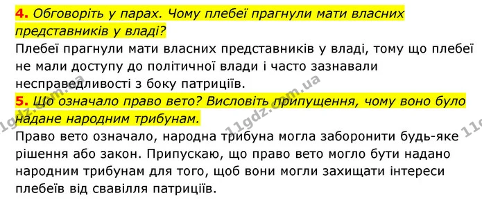 4. Обговоріть у парах. Чому плебеї прагнули мати власних представників у владі? — ГДЗ Історія України 6 клас Гісем