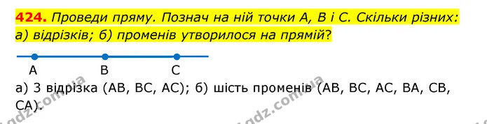 424. Проведи пряму. Познач на ній точки A, В і С. Скільки різних: а) відрізків; б) променів утворилося на прямій? — ГДЗ Математика 5 клас Бевз