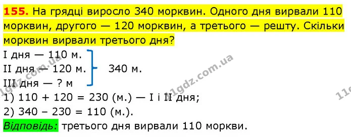 155. На грядці виросло 340 морквин. Одного дня вирвали 110 морквин, другого — 120 морквин, а третього — решту. Скільки морквин вирвали — ГДЗ Математика 3 клас Будна 1-2 ч.