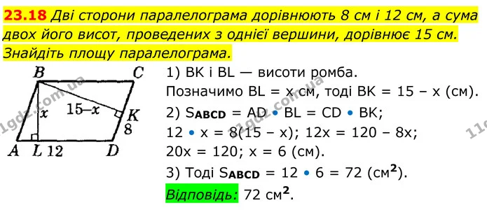 23.18 Дві сторони паралелограма дорівнюють 8 см і 12 см, а сума двох його висот, проведених з однієї вершини, дорівнює 15 см. Знайдіть — ГДЗ Геометрія 8 клас Істер