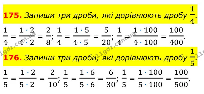 175. Запиши три дроби, які дорівнюють дробу 14. — ГДЗ Математика 6 клас Істер 2023 1-2 ч.