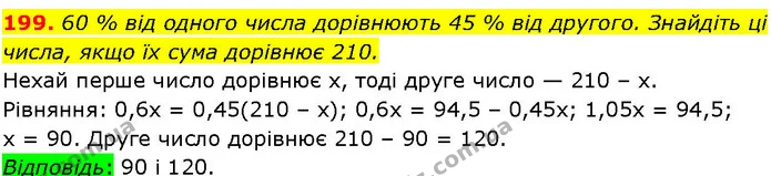 199. 60 % від одного числа дорівнюють 45 % від другого. Знайдіть ці числа, якщо їх сума дорівнює 210. — ГДЗ Алгебра 7 клас Істер 2024