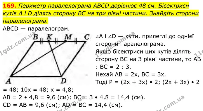 169. Периметр паралелограма ABCD дорівнює 48 см. Бісектриси кутів А і D ділять сторону BC на три рівні частини. Знайдіть сторони — ГДЗ Геометрія 8 клас Бурда