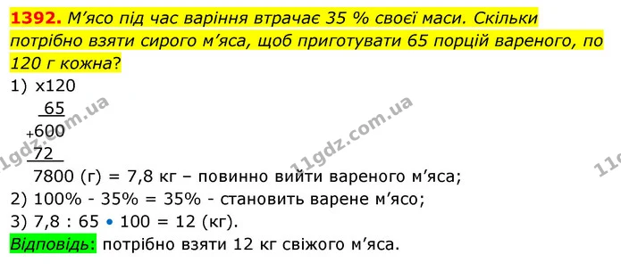 1392. М’ясо під час варіння втрачає 35 % своєї маси. Скільки потрібно взяти сирого м’яса, щоб приготувати 65 порцій вареного, по 120 г — ГДЗ Математика 5 клас Тарасенкова 2022