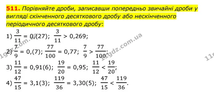 511. Порівняйте дроби, записавши попередньо звичайні дроби у вигляді скінченного десяткового дробу або нескінченного періодичного — ГДЗ Математика 6 клас Мерзляк 2023 1-2 ч.