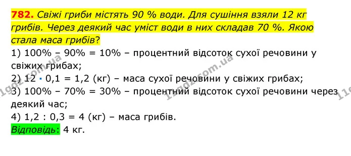 782. Свіжі гриби містять 90 % води. Для сушіння взяли 12 кг грибів. Через деякий час уміст води в них складав 70 %. Якою стала маса — ГДЗ Математика 6 клас Істер 2023 1-2 ч.