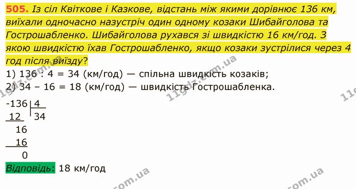 505. Із сіл Квіткове і Казкове, відстань між якими дорівнює 136 км, виїхали одночасно назустріч один одному козаки Шибайголова та — ГДЗ Математика 5 клас Мерзляк