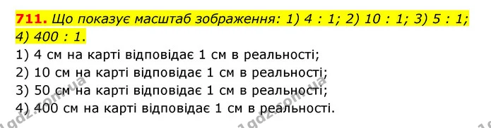 711. Що показує масштаб зображення: 1) 4 : 1; 2) 10 : 1; 3) 5 : 1; 4) 400 : 1. — ГДЗ Математика 6 клас Тарасенкова 2023 1-2 ч.