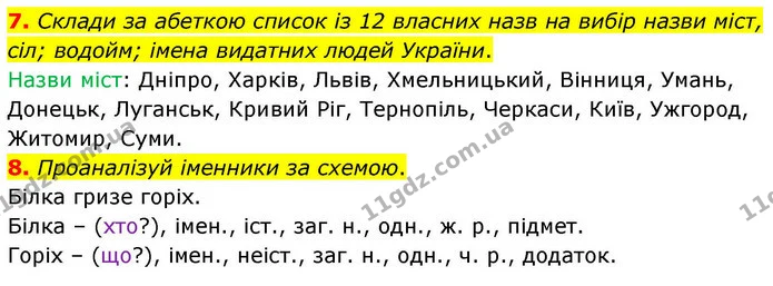 7. Склади за абеткою список із 12 власних назв на вибір назви міст, сіл; водойм; імена видатних людей України. — ГДЗ Робочий зошит Українська мова 4 клас Большакова