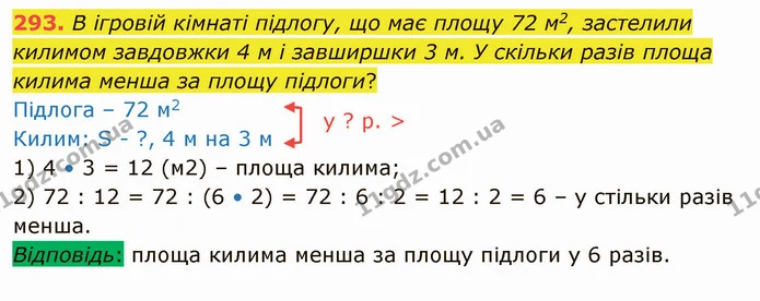293. В ігровій кімнаті підлогу, що має площу 72 м2, застелили килимом завдовжки 4 м і завширшки 3 м. У скільки разів площа килима менша — ГДЗ Математика 4 клас Оляницька