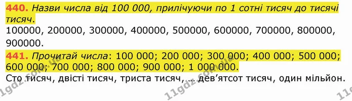 440. Назви числа від 100 000, прилічуючи по 1 сотні тисяч до тисячі тисяч. — ГДЗ Математика 4 клас Лишенко 1-2 ч.
