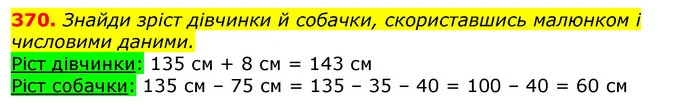370. Знайди зріст дівчинки й собачки, скориставшись малюнком і числовими даними. — ГДЗ Математика 3 клас Листопад 1-2 ч.