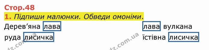 1. Підпиши малюнки. Обведи омоніми. — ГДЗ Робочий зошит Українська мова 2 клас Большакова 1 ч. - 2 ч.