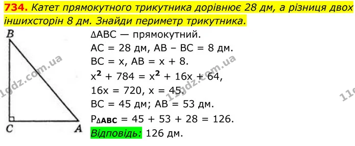 734. Катет прямокутного трикутника дорівнює 28 дм, а різниця двох іншихсторін 8 дм. Знайди периметр трикутника. — ГДЗ Геометрія 8 клас Бевз