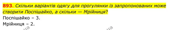893. Скільки варіантів одягу для прогулянки із запропонованих може створити Поспішайко, а скільки — Мрійниця? — ГДЗ Математика 3 клас Бевз 2 частина