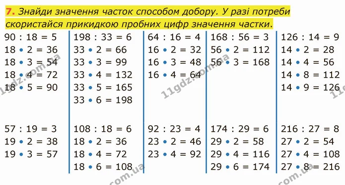 7. Знайди значення часток способом добору. У разі потреби скористайся прикидкою пробних цифр значення частки. — ГДЗ Математика 4 клас Скворцова