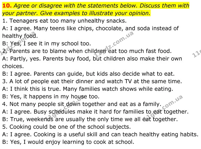 10. Agree or disagree with the statements below. Discuss them with your partner. Give examples to illustrate your opinion. — ГДЗ Англійська мова 8 клас Карпюк 2025