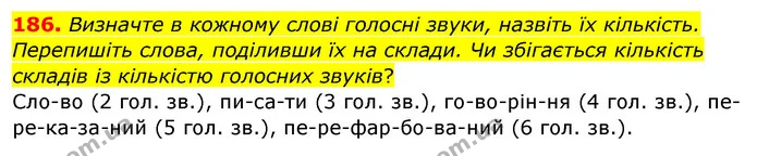 186. Визначте в кожному слові голосні звуки, назвіть їх кількість. Перепишіть слова, поділивши їх на склади. Чи збігається кількість — ГДЗ Українська мова 5 клас Глазова 2022