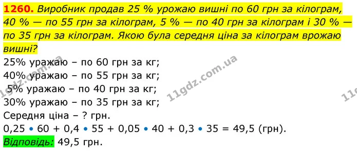 1260. Виробник продав 25 % урожаю вишні по 60 грн за кілограм, — ГДЗ Алгебра 8 клас Бевз