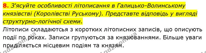 8. З'ясуйте особливості літописання в Галицько-Волинському князівстві (Королівстві Руському). Представте відповідь у вигляді — ГДЗ Історія України 7 клас Галімов