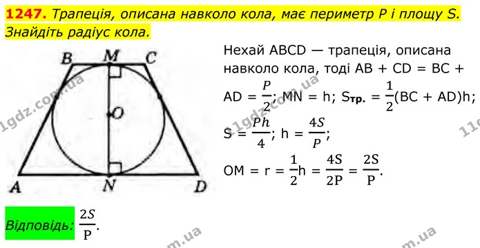 1247. Трапеція, описана навколо кола, має периметр P і площу S. Знайдіть радіус кола. — ГДЗ Геометрія 8 клас Бурда