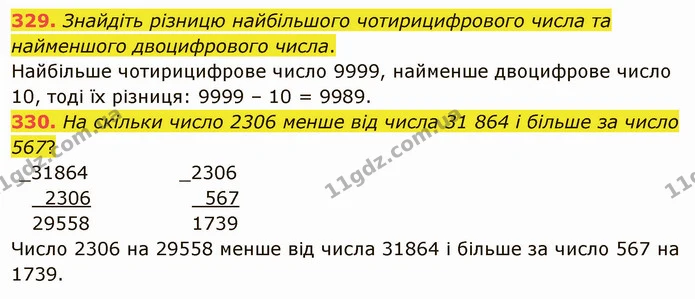 329. Знайдіть різницю найбільшого чотирицифрового числа та найменшого двоцифрового числа. — ГДЗ Математика 5 клас Тарасенкова 2022
