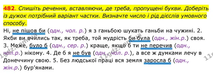 482. Спишіть речення, вставляючи, де треба, пропущені букви. Доберіть із дужок потрібний варіант частки. Визначте число і рід дієслів — ГДЗ Українська мова 6 клас Ворон, Солопенко
